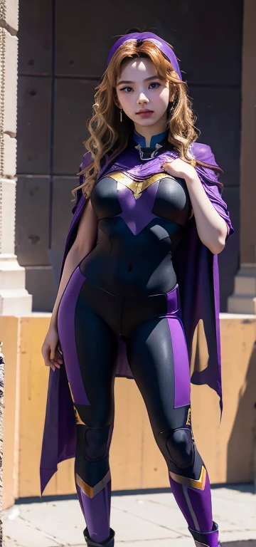 Accurate. Full Body Photo. Studio Background. 8k HD good quality image. Nayeon has an ideal body, big breast, big butt, sexy wavy body, straight long hair, wearing a Purple Iron Man armor without the helmet. Purple Yoga tight Pants. Purple Iron Man boots. ...