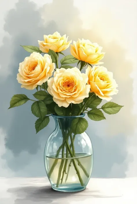 The image is a watercolor painting depicting a transparent glass vase containing five yellow and white roses with green leaves and stems. The background of the painting is a combination of dark and light shades of gray, which adds depth and contrast, highl...