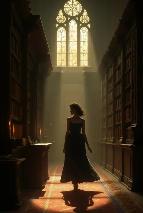 She enters the library, finding ancient books and a mysterious librarian.