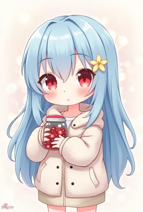 Female, anime, long haired, y, cute , and chibi  , light blue hair color, red eyes, dressed in a rens jacket . 
 Carrying a jar of candy