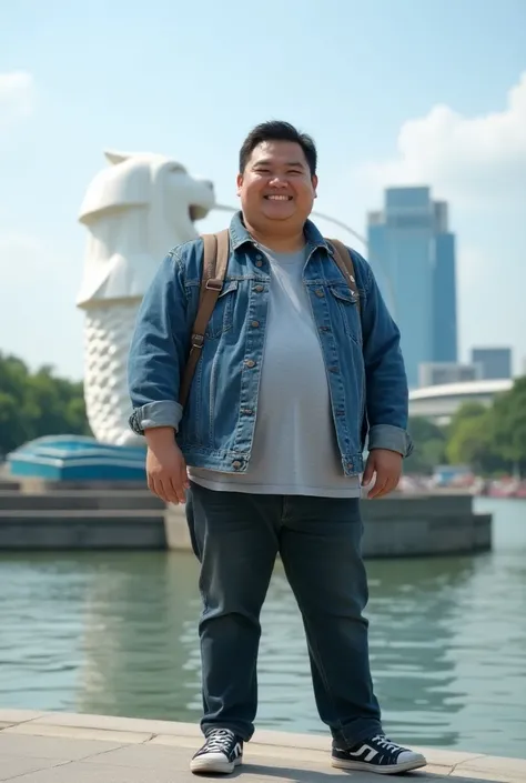 Please make really amazing images with 32k high quality
An Indonesian man, round face, short hair, standing smiling near Merlion Park Singapore, wearing a jeans jacket and carrying a backpack, sneakers, looking at the camera, full body ( badannya sedikit g...