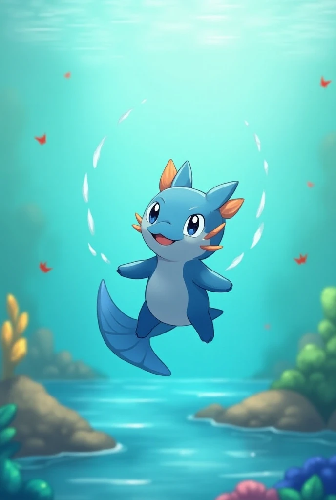  Hydropi swims happily in a clear body of water with colorful plants and small fish around it .  The light is reflected on the surface of the water and creates a peaceful atmosphere .  Hydropi has a playful Expresses and splashes water into the air . Hydro...