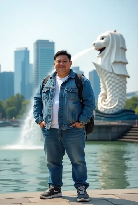 Please make really amazing images with 32k high quality
An Indonesian man, round face, short hair, standing smiling near Merlion Park Singapore, wearing a jeans jacket and carrying a backpack, sneakers, looking at the camera, full body ( badannya sedikit g...