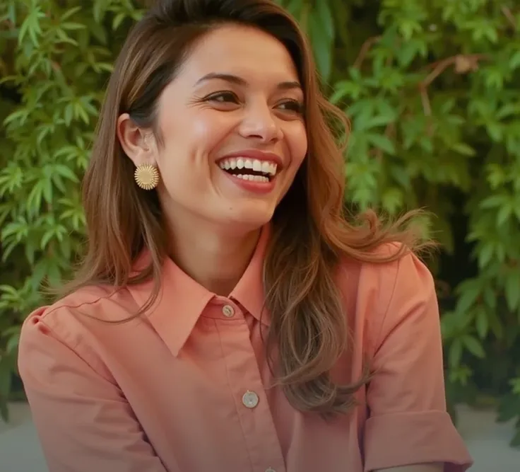 A Brazilian woman with long, straight, curly hair with brown highlights , pele morena, Sitting holding a Ghibli-style book in a library wearing dress clothes pink shirt , with slanted eyes , Very smiling showing her teeth, very happy