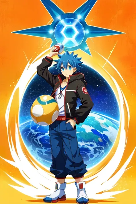 pokemon world is getting a new anime series, safebooru anime image, official art, tsunami behind him, gelbooru anime image, tall anime guy with blue eyes, holding a planet, otaku gangasta, digimon anime key art, official artwork, he has a big egg, official...