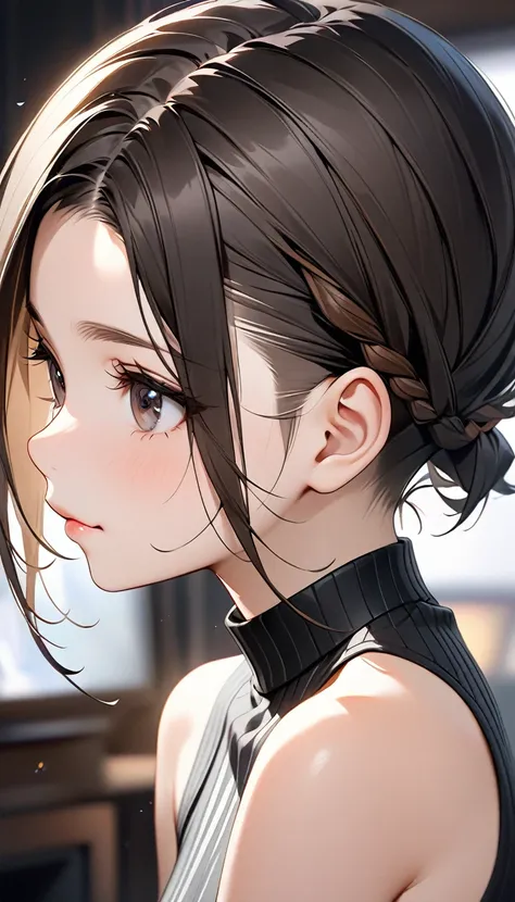 solo。woman、Age 19。Black Hair、 boyish shortcut 、Undercut。Real。 dark brown and black gradation eyes 。High quality。 High Resolution 、High image quality。 digital painting。Two-dimensional beautiful girl。Small breasts。Cut the sides of the hairstyle with your che...