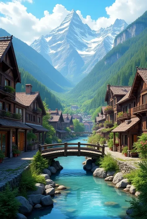 A beautiful mountain town with creek passing through 