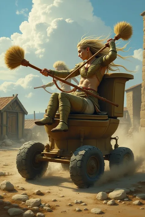 Male elves ride in a toilet with wheels, outdoor toilet in the background , toilet brush in hand ,  in your hands, hair develops an epic combat picture