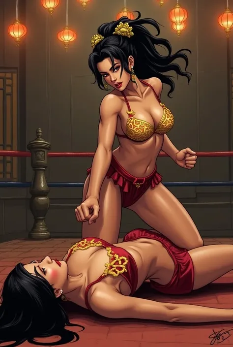 Nsfw comic book style image of 2 female fighters.  Setting: The Dragons Den (A martial arts-themed arena with traditional Chinese decor). Mei lin lays on her back in defeat,  cecy stands over her victorious.  Mei "The Dragon" Lin:
   * Height: 57"
   * Wei...