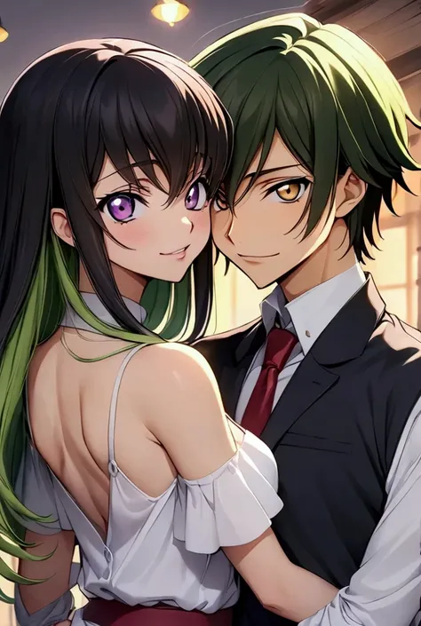 Anime couple ,Anime man ,lelouch lampeourge  ,short black hair,pruple eyes   with anime woman, CC, Code Geass, long green hair, yellow eyes , وجه جانبي دقة عالية  دقيق ،عمل رائع انيمي ،منسدحان على الارض يندران الى السماء المرصعة بالنجوم