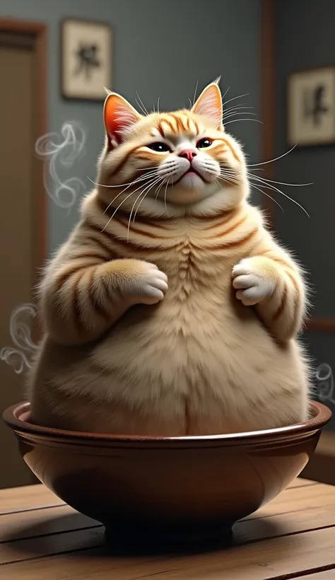 Real fat cat standing in a ramen bowl