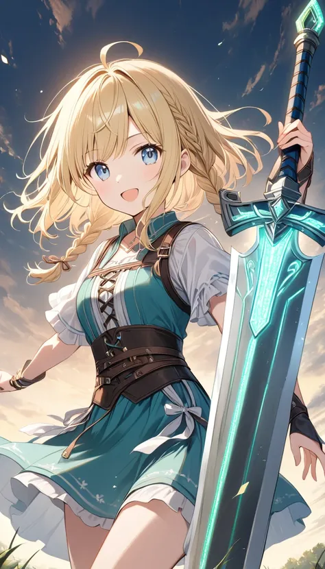 Girl、White Toso 、Green LED、Led,Long Hair、 blonde hair、Short Bob、Partial braids、 He looks at me with a strange expression.cute、Blue Eyes、12 Talents、fantasy rustic clothes、Iron Longsword 、