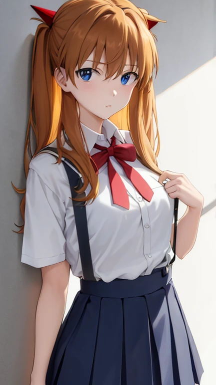 1girl, asuka langley soryu, (souryuu asuka langley:1.2), long hair, bangs, blue eyes, brown hair, hair ornament,
BREAK (skirt, shirt, ribbon, school uniform, white shirt, short sleeves, blue skirt, suspenders, watch, suspender skirt, wristwatch:1.1), (toky...