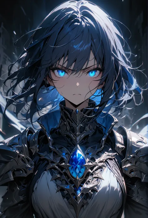 masterpiece, 8k,  top quality , Very detailed, Human female  & Blue Stone, Paladin,  dark blue hair,  glowing blue eyes, Very serious ,  frontal shot of the face , Make only the face come out