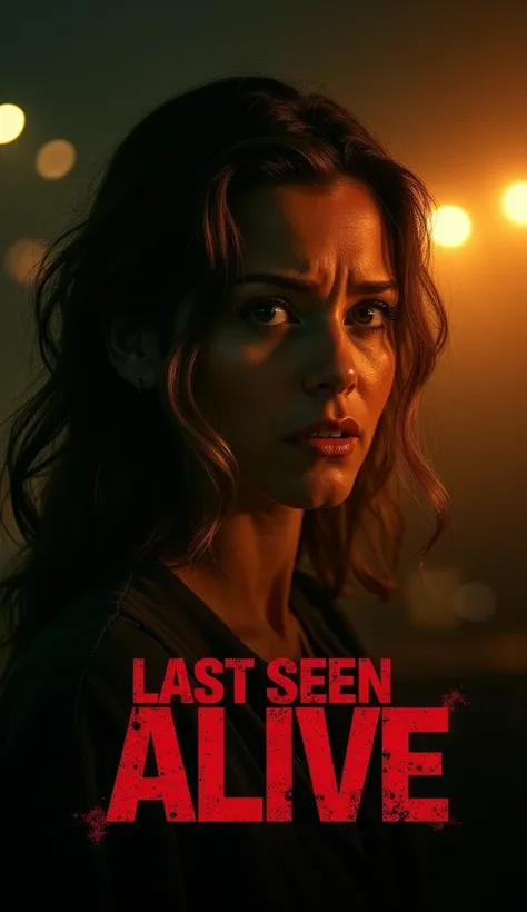 Cinematic poster for thriller movie "Last Seen Alive" (2022) with a dark and ominous tone, featuring a close-up of a worried womans face with a faint cityscape at night in the background, warm golden lighting, and bold typography.