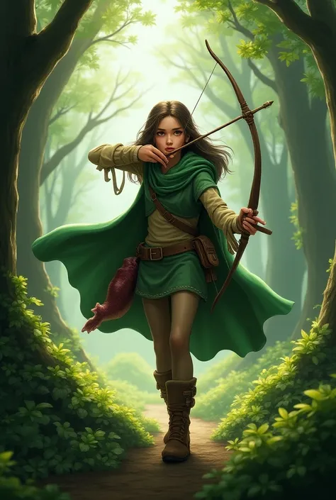 Forest Girl，Green cape，Bow and Arrow，Meat Leg，Stockings，boots