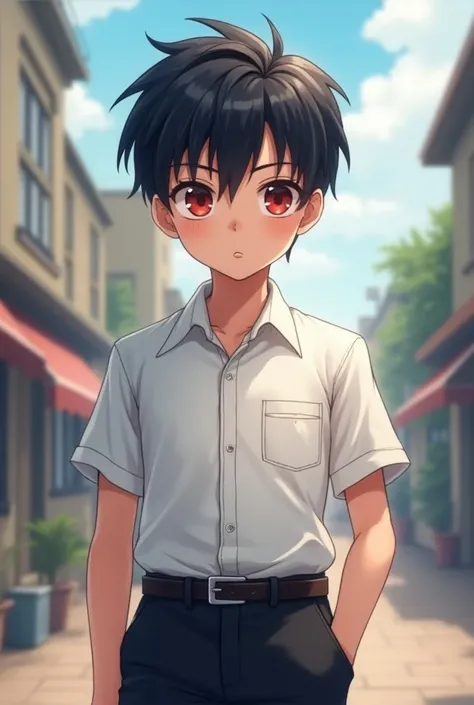 white open collared shirt,Short sleeves,black slacks,belt,School zone,(detailed eyes),detailed skin,masterpiece,(1 boy),black hair,red pupils,