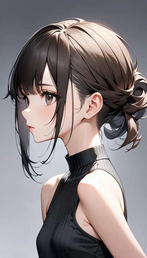 solo。woman、Age 19。Black Hair、 boyish shortcut 、Undercut。Real。 dark brown and black gradation eyes 。High quality。 High Resolution 、High image quality。 digital painting。Two-dimensional beautiful girl。Small breasts。The hairstyle is one length on the side。