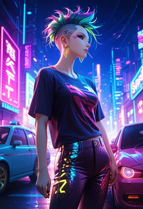 Cyberpunk Girl , neon,  Neon Stroke T-shirt ,  Cool Punk Hairstyle , earring in the ear,  Snake Pattern Pants ,  with Flying Cars as a Background, Game of Shadows, Shine, bright colors, 8 k, masterpiece, Maximum Details,  intricate details , cinematic film still,score_9,score_8_up,score_7_up