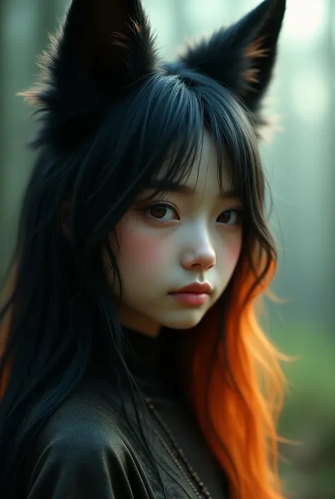 An 18-year-old girl with wolf ears and wolf whale with black hair and an orange underside of her hair 