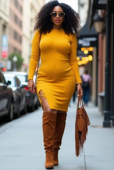 A slim curvaceous Black woman in a figure-hugging, ribbed knit dress in mustard yellow with side cutouts and paired with thigh-high suede boots in brown. She’s accessorized with oversized sunglasses and a fringed shoulder bag. Her hair is styled in soft wa...