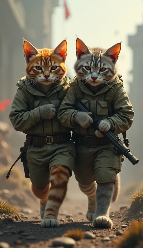 Two army cat help an Amey cat by carrying in war