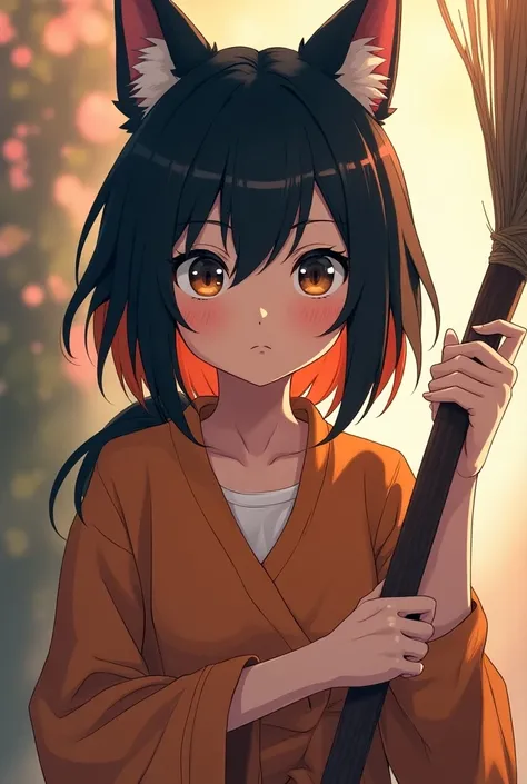 A girl with wolf ears and a wolfs broom 18 years old with black hair and the underside of her orange hair in the style of a 2d anime