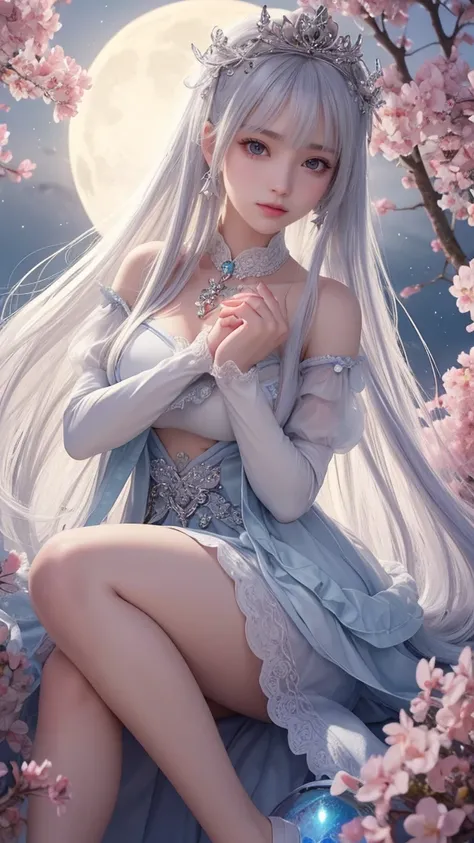 I have a large glass object,Large crystals in both hands, Holding a large heart-shaped crystal in her hand,Holding a large crystal in both hands, Body position is central,Anime girl with long white hair and flowers in her hair, Beautiful anime portraits, G...