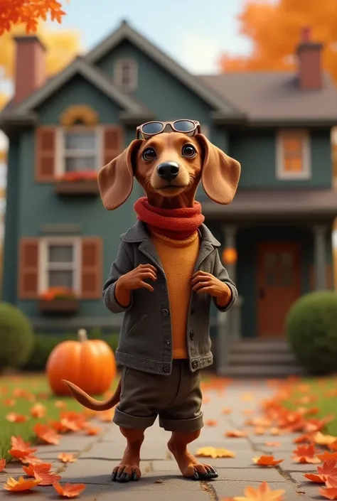 Create Doge where a handsome dachshund in stylish trendy clothes stands on his back legs and poses with his shoes on&#39;S House,There is a pumpkin in front of the entrance、be。