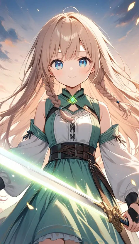 Girl、White Toso 、Green LED、Led,Long Hair、Beautiful Hair、 long hair 、Partial braids、 He looks at me with a strange expression.cute、Blue Eyes、12 Talents、fantasy rustic clothes、Straight Iron Longsword 、