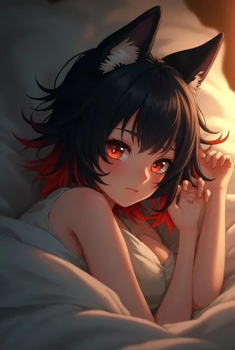 An 18-year-old girl with wolf ears and wolf mask with black hair and the underside of her orange hair in the 2D anime style naked in bed 