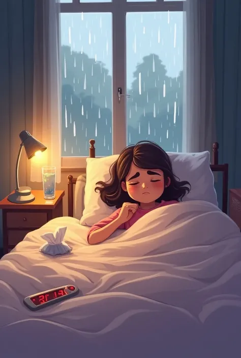 Prompt for an Image:

"An illustration of a person lying in bed, surrounded by tissues, a thermometer, and a glass of water, looking weary but cozy. The room is softly lit, with a window showing a rainy day outside, conveying a sense of comfort despite fee...