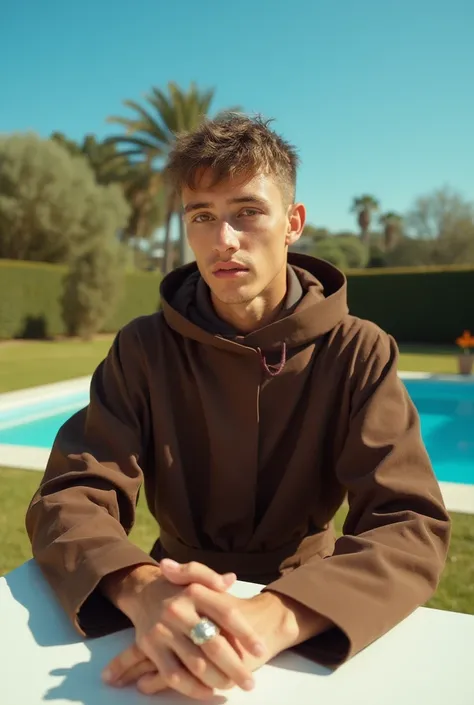 avant garde photography of a young man as a ((carcosa curator)) with ((shag cut hair)) wearing one or multiple (rings),  dressed in brown Franciscan monk habit,  swimming pool,  green lawn,  outdoor setting,  blue sky,  daytime,  arms on table,  standing s...