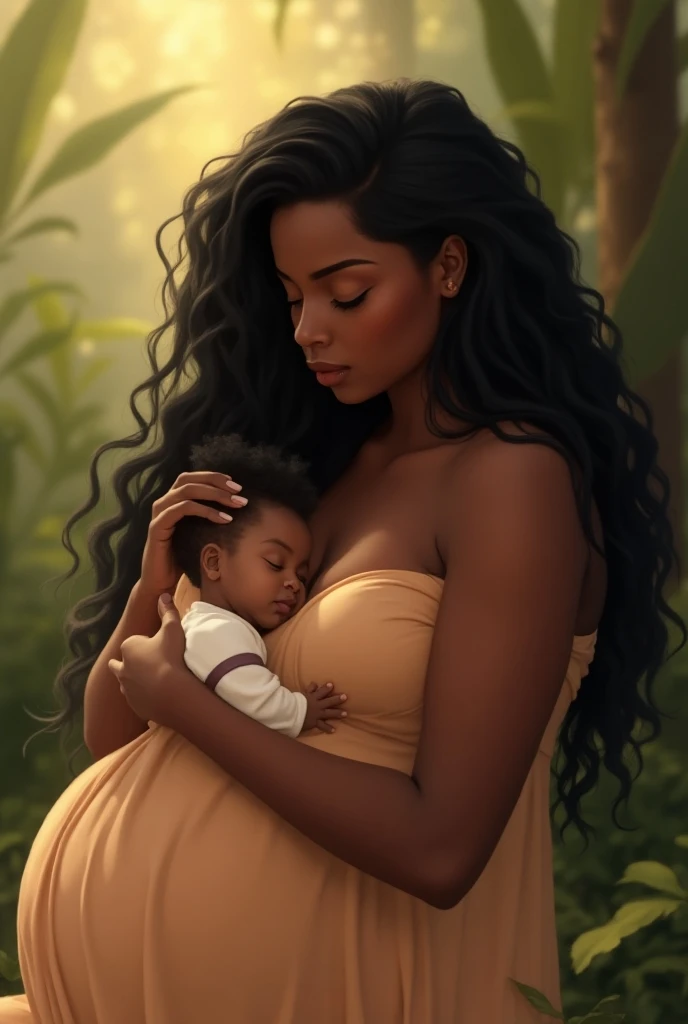 Beautiful long haired black busty woman is breastfeeding