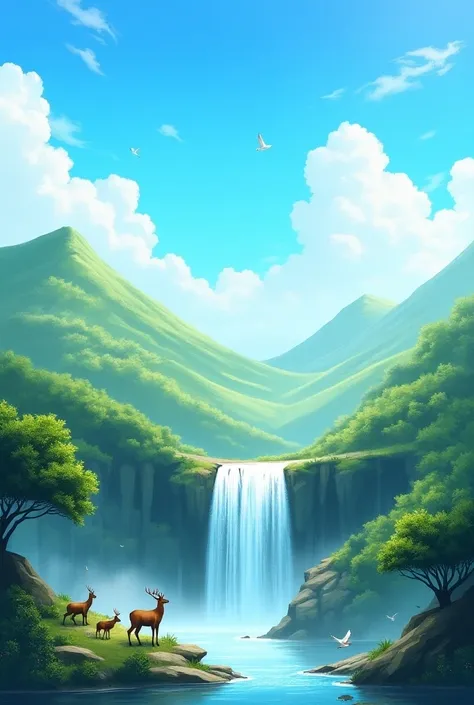 blue sky and hills ,cloud and waterfall with birds ,dear ,animels
High Resolution, Masterpiece, 