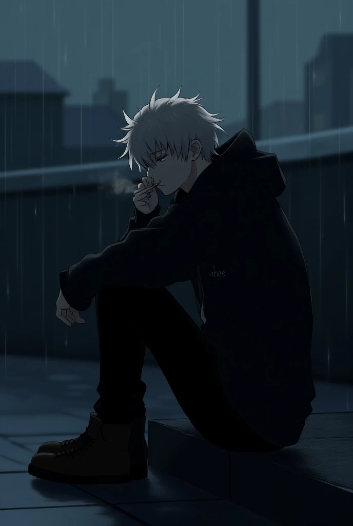 Anime cowok, White-haired ,  wearing a black Hoodie inscribed VHEE ,  sits sadly while smoking on the terrace in the rain,