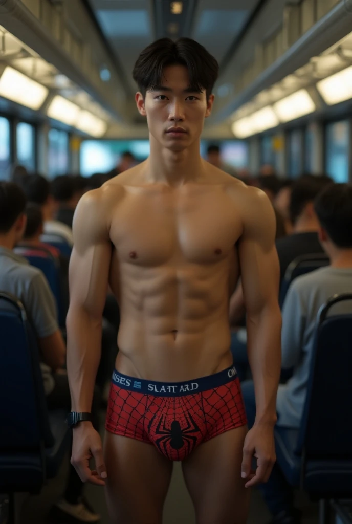 Handsome south Korea tenageer, model, naked fully nude on public bus posing rear, muscle, sixpack ABS, triceps and biceps muscle, Facing forward, perfect face, chiseled jaw, Wearing Spiderman underwear, facing straight ahead,