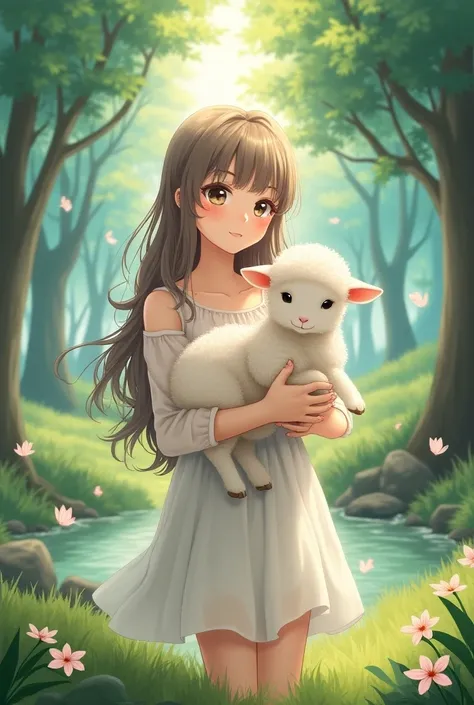 Anime girl holding a lamb in the forest