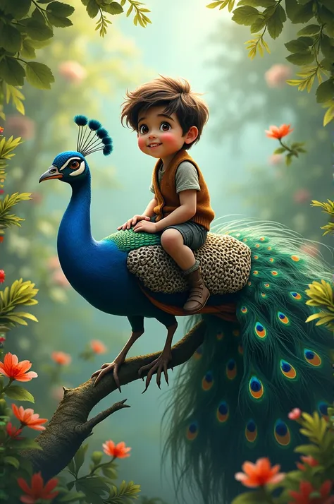 A boy sitting on back of peacock 