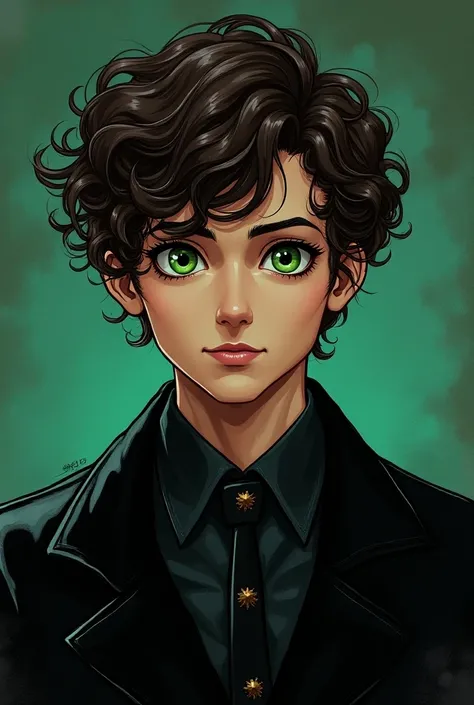 A dark academia nice boy in Marvel comics style. Whit curly hair, green eyes, but a Lil bit edgy