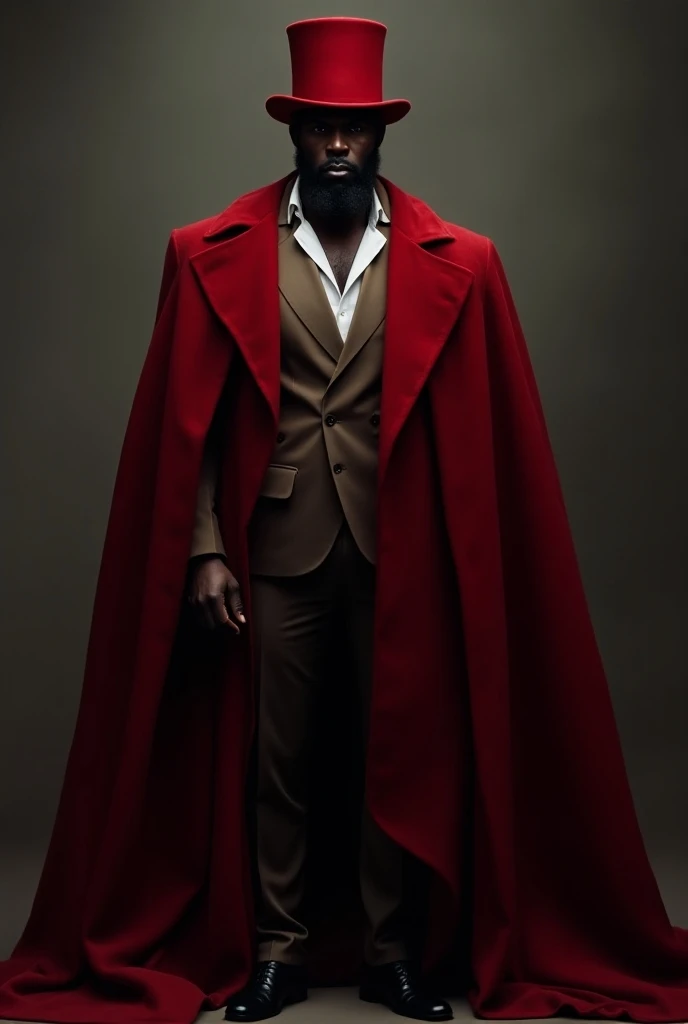 African man, scary, Serious,Red velvet clothing,  red top hat,white shirt, above all, black shoe,