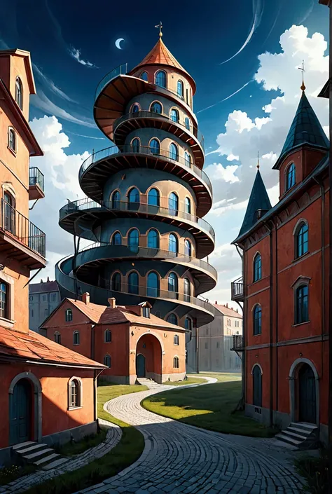 panel buildings, spiral, surrealism, Khrushchevka