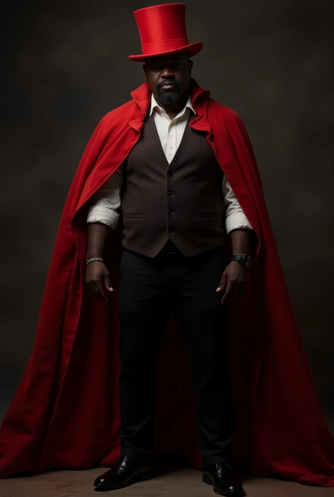 African man, scary, Serious,Red velvet clothing,  red top hat,white shirt, above all, black shoe,