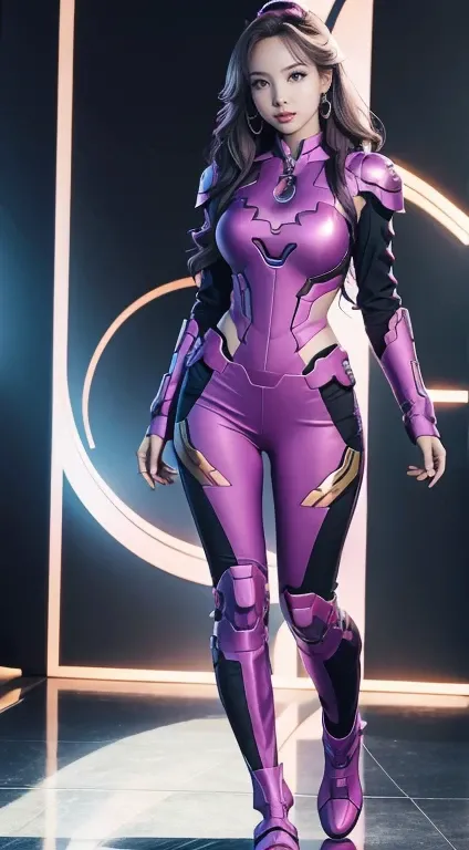 Full Body Photo. Studio Background. 8k HD good quality image. Nayeon has an ideal body, big breast, big butt, sexy wavy body, straight long hair, wearing a Purple Iron Man armor without the helmet. Purple Yoga Pants. Purple Iron Boots. FULL BODY FROM HEAD ...