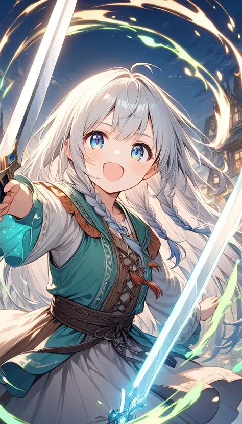 Girl、White Toso 、Green LED、Led,Long Hair、Beautiful Hair、 long hair 、Partial braids、 He looks at me with a strange expression.cute、Blue Eyes、12 Talents、fantasy rustic clothes、Straight Iron Longsword 、Villager、