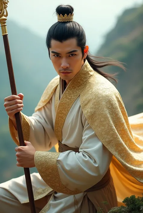 The realistic face of a handsome man in ancient Chinese style，The protagonist of Jingming and Martial Arts goes out ，Wearing a crown， Wears a white dragon pattern on a golden armor ，A golden dragon cape on his shoulders ，A spear with a golden dragon in one...