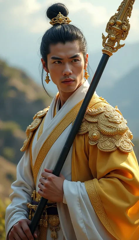 The realistic face of a handsome man in ancient Chinese style，The protagonist of Jingming and Martial Arts goes out ，Wearing a crown， Wears a white dragon pattern on a golden armor ，A golden dragon cape on his shoulders ，A spear with a golden dragon in one...