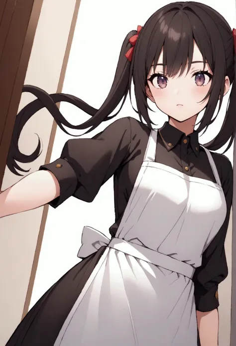 beautiful dark-haired twin-tailed girl wearing an apron