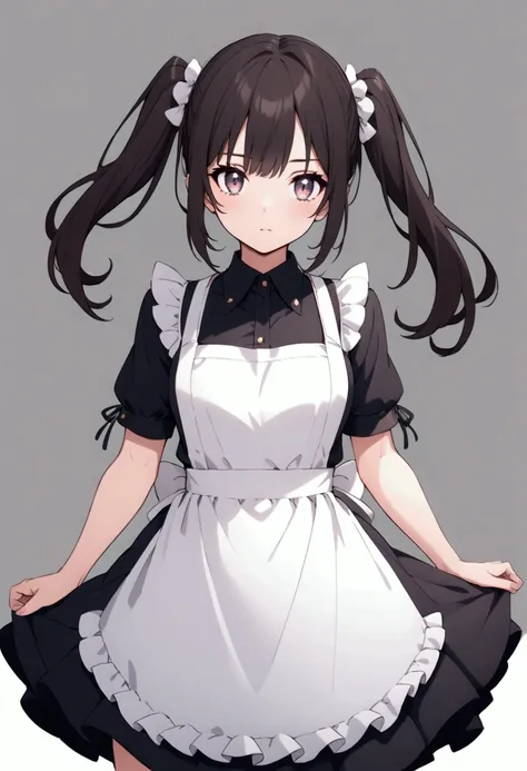 beautiful dark-haired twin-tailed girl wearing an apron