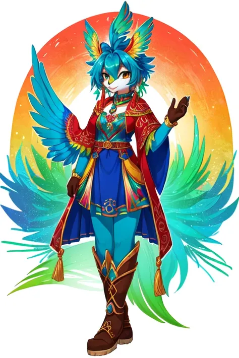 cartoon of a colorful bird with a red, blue, and green beak, quetzal, avian!!! fursona, anthropomorphic bird, in the art style of quetzecoatl, clothes themed on a peacock mage, inka harpy girl, colorful plumage, marco the phoenix, the solarpunk phoenix, av...